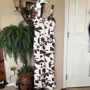 Rehab Lab Brown & White Cow Print Denim Overalls Zippered Bust Farm Jumpsuit